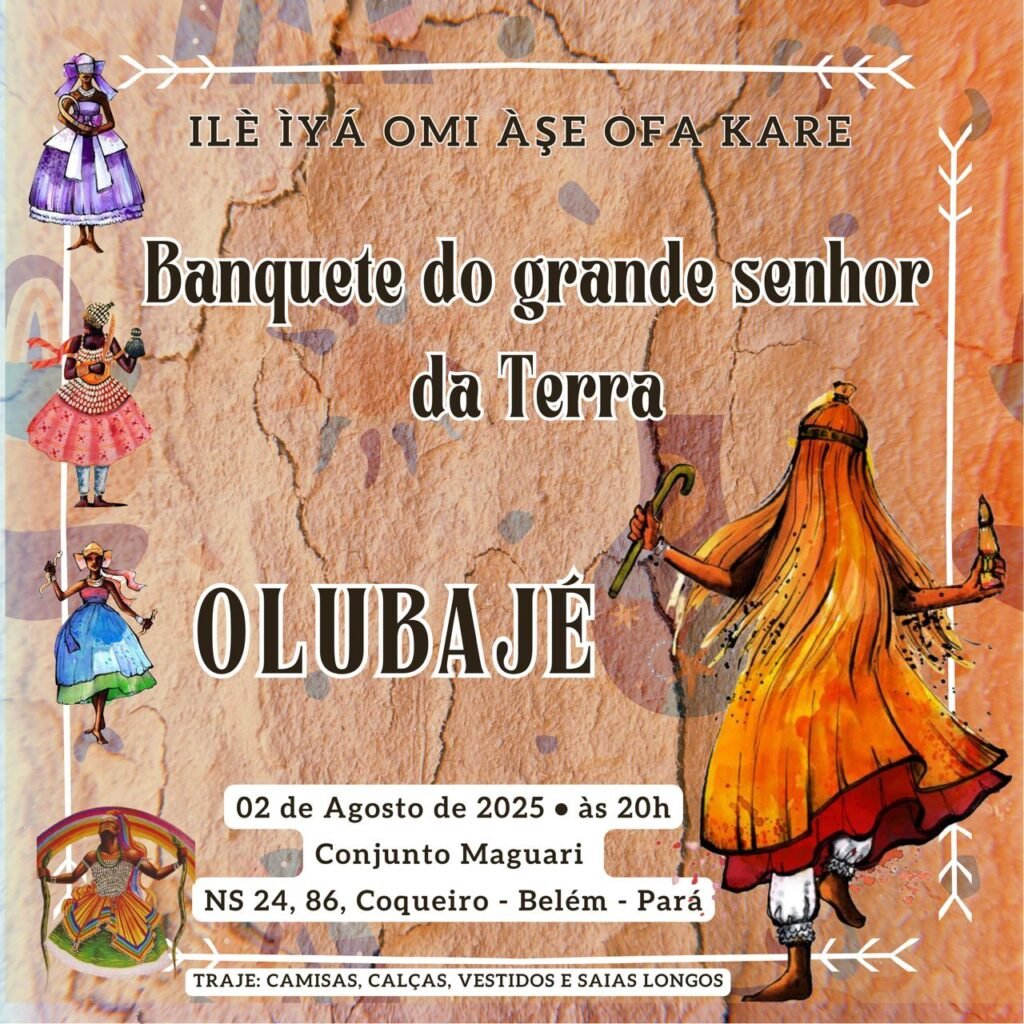 Convidamos todos a participar do ritual do Olubaje, que ocorrerá no dia 02 de agosto de 2025, às 20:00, no Ile Iya Omi Ase Ofa Kare. Sob a liderança do Babalorixá Bàbá Edson Catende de Oxóssi, Iyalaxé Marilu Campêlo de Yemanjá e do Babakekere Amilton Sá Barreto de Logunede., esta celebração é uma oportunidade para homenagear o Orixá Omolu, considerado o Senhor da Terra e das Curativas, promovendo uma conexão espiritual e renovação através da troca de energia com as divindades. Um momento de reverência à força transformadora da terra e à saúde, tanto física como espiritual, que é guiada pela energia dos orixás. Saudemos a vida e a espiritualidade da cultura do Candomblé, fortalecendo os laços familiares e comunitários. A família Iji, destacada no contexto do Candomblé, representa uma organização espiritual essencial que inclui Omolu, Nanã, Oxumaré e Ewá. Essas divindades ressaltam a relação espiritual entre natureza e humanidade, reforçando a identidade cultural e a profundidade espiritual do Candomblé.